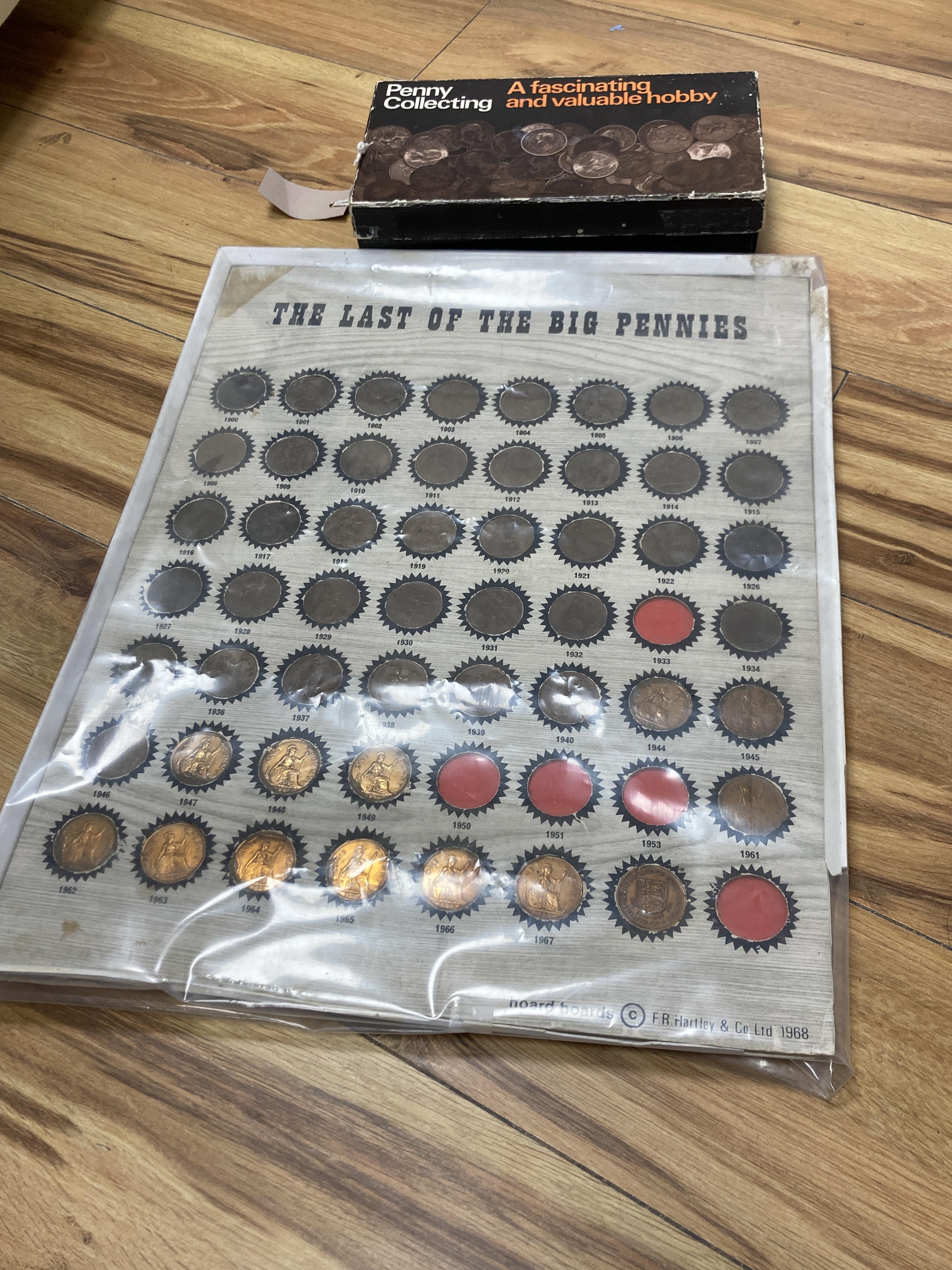 A collection of Victorian and later pennies, including a mounted display, 'The Last of the Big Pennies'
